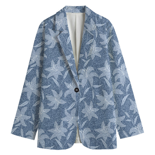 Floral Denim Jeans Pattern Print Women's Cotton Blazer