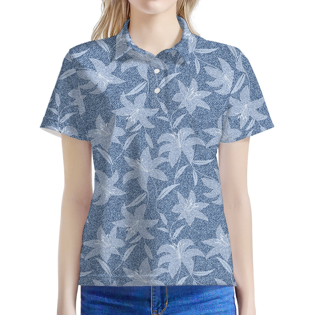 Floral Denim Jeans Pattern Print Women's Polo Shirt