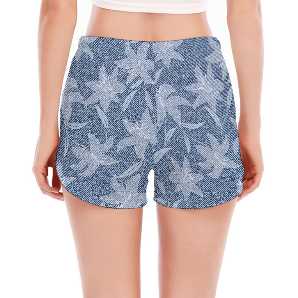 Floral Denim Jeans Pattern Print Women's Split Running Shorts