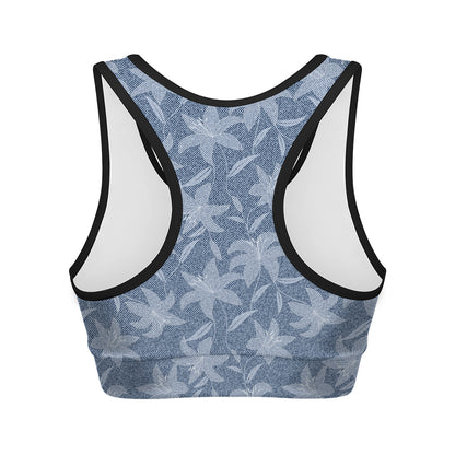 Floral Denim Jeans Pattern Print Women's Sports Bra