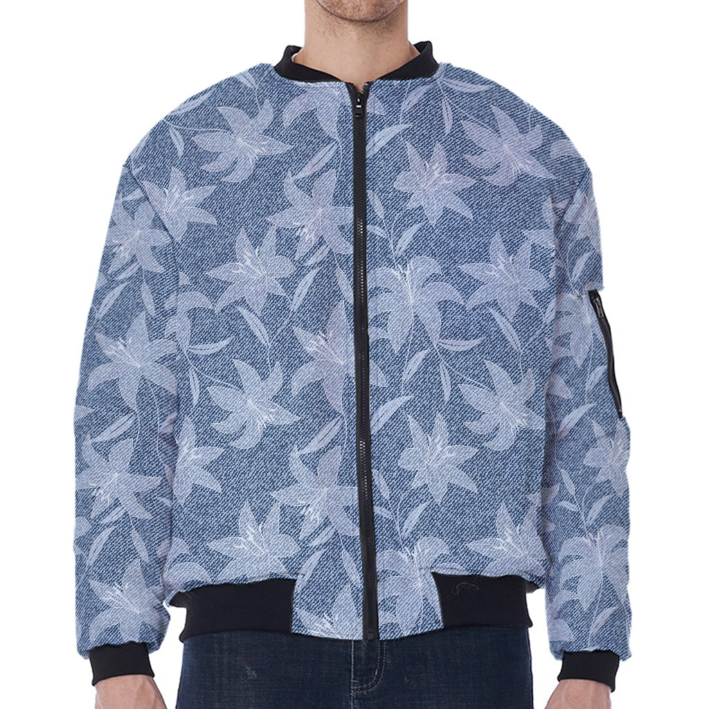 Floral Denim Jeans Pattern Print Zip Sleeve Bomber Jacket