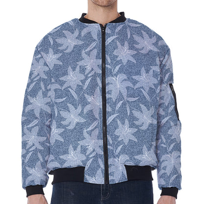 Floral Denim Jeans Pattern Print Zip Sleeve Bomber Jacket