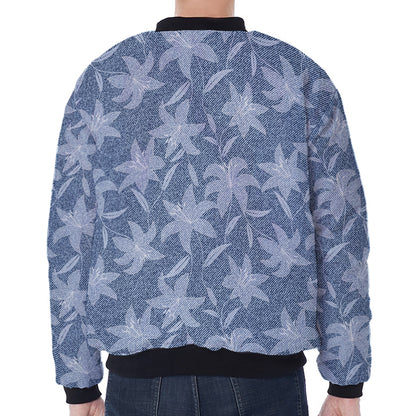 Floral Denim Jeans Pattern Print Zip Sleeve Bomber Jacket