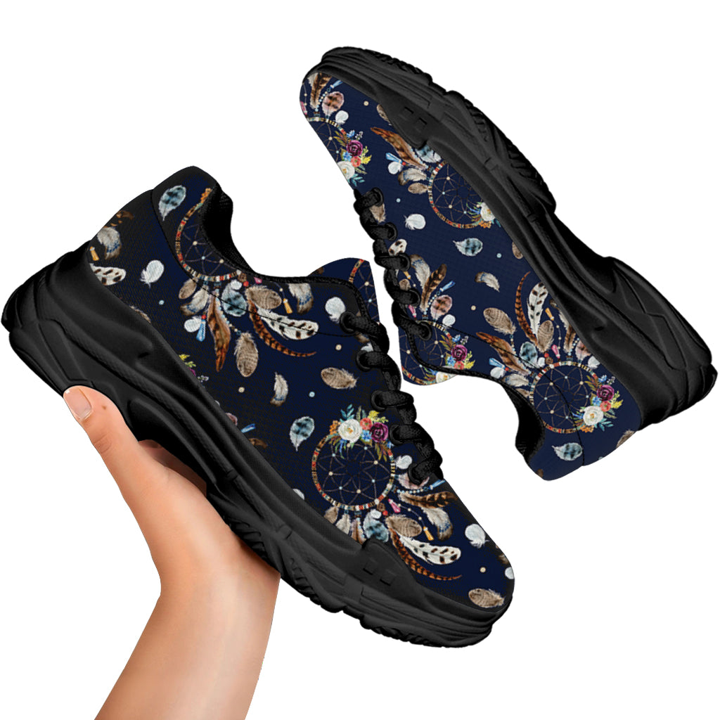 Floral Dream Catcher Pattern Print Black Chunky Shoes