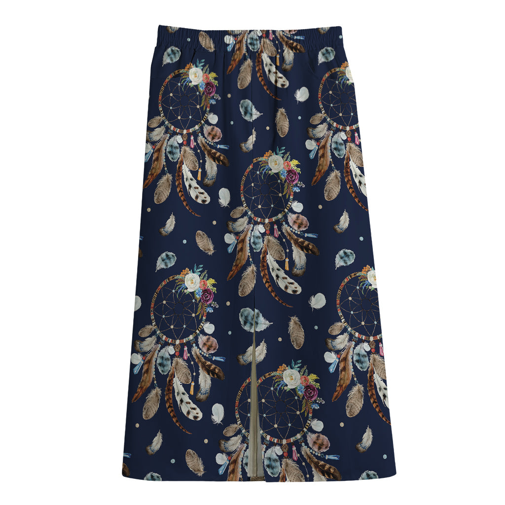 Floral Dream Catcher Pattern Print Cotton Front Slit Maxi Skirt