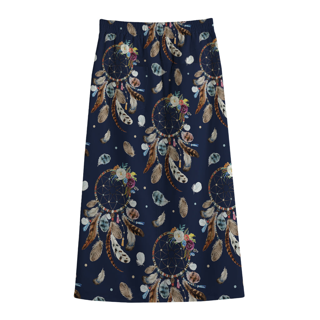 Floral Dream Catcher Pattern Print Cotton Front Slit Maxi Skirt