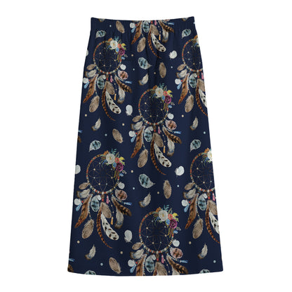 Floral Dream Catcher Pattern Print Cotton Front Slit Maxi Skirt