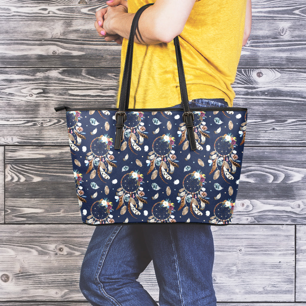 Floral Dream Catcher Pattern Print Leather Tote Bag