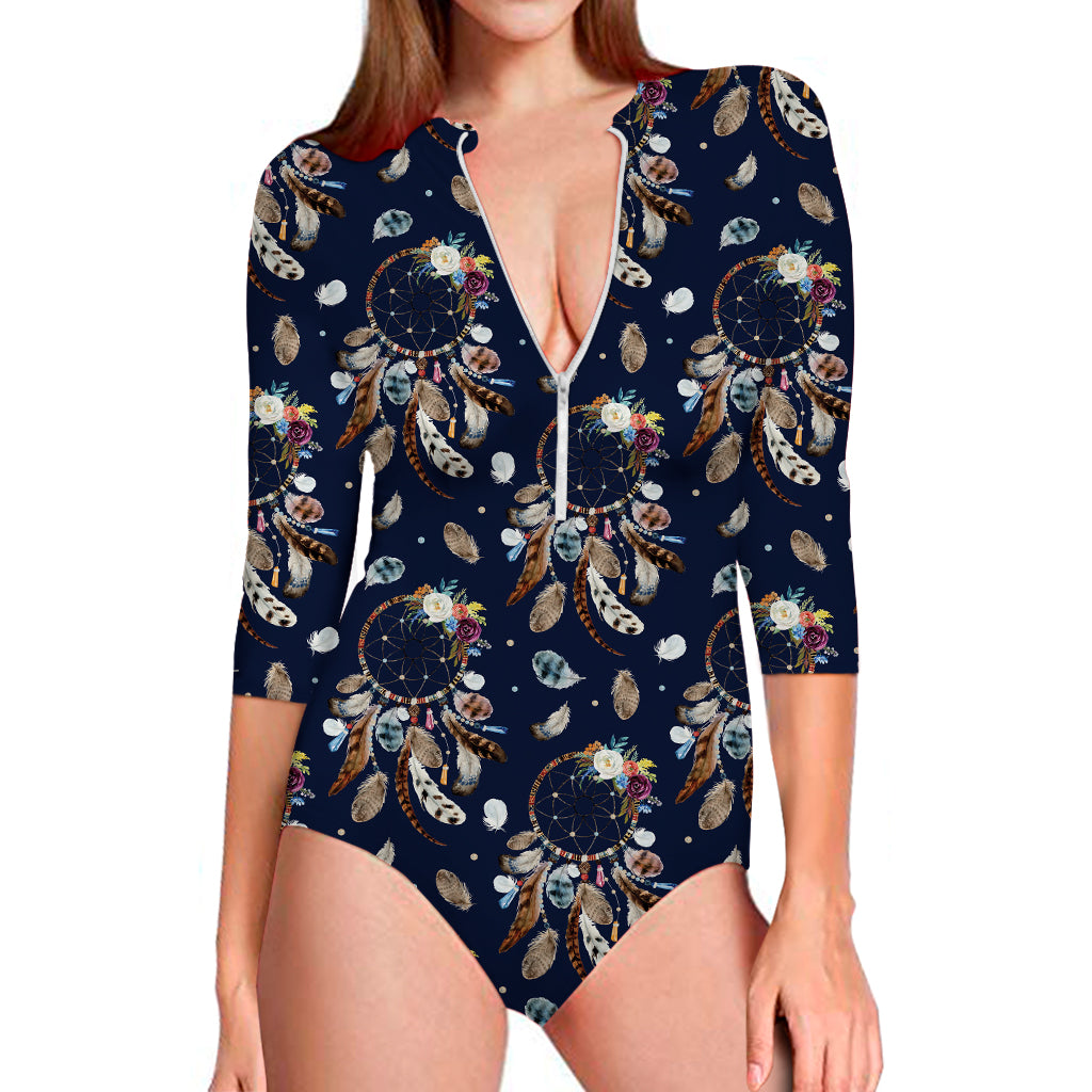 Floral Dream Catcher Pattern Print Long Sleeve Swimsuit