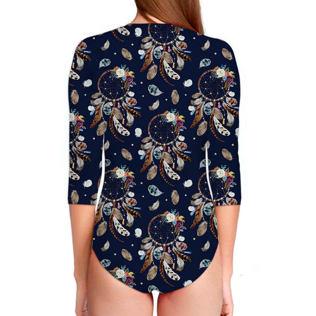 Floral Dream Catcher Pattern Print Long Sleeve Swimsuit