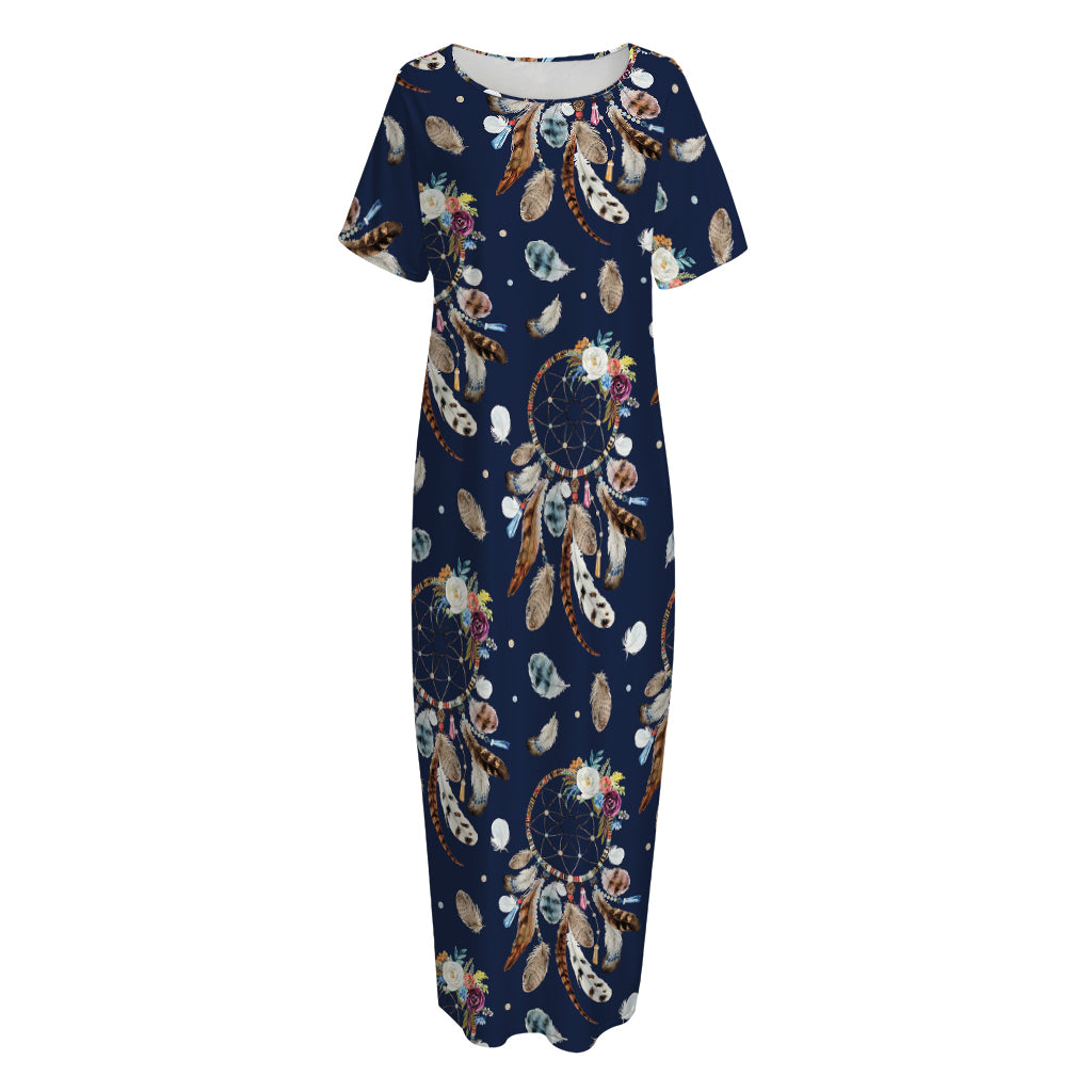 Floral Dream Catcher Pattern Print Short Sleeve Long Nightdress