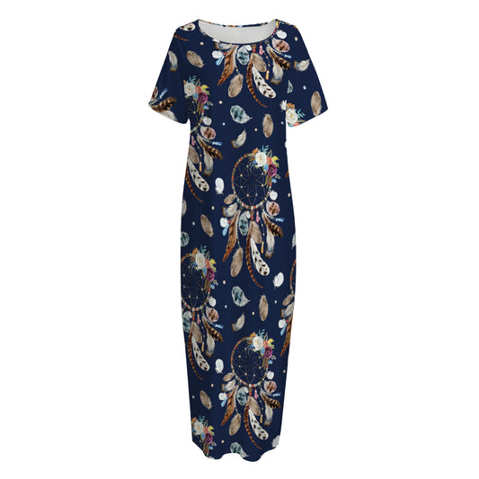 Floral Dream Catcher Pattern Print Short Sleeve Long Nightdress