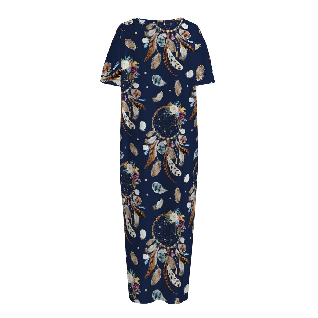Floral Dream Catcher Pattern Print Short Sleeve Long Nightdress