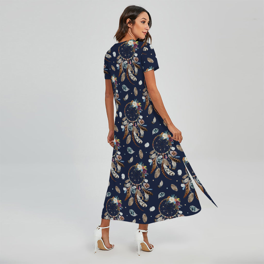 Floral Dream Catcher Pattern Print Short Sleeve Maxi Dress