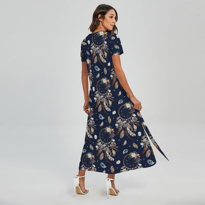 Floral Dream Catcher Pattern Print Short Sleeve Maxi Dress