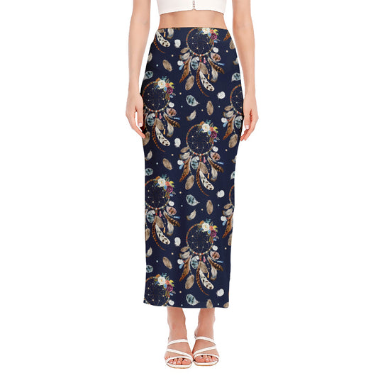 Floral Dream Catcher Pattern Print Side Slit Maxi Skirt