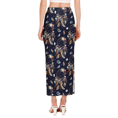 Floral Dream Catcher Pattern Print Side Slit Maxi Skirt
