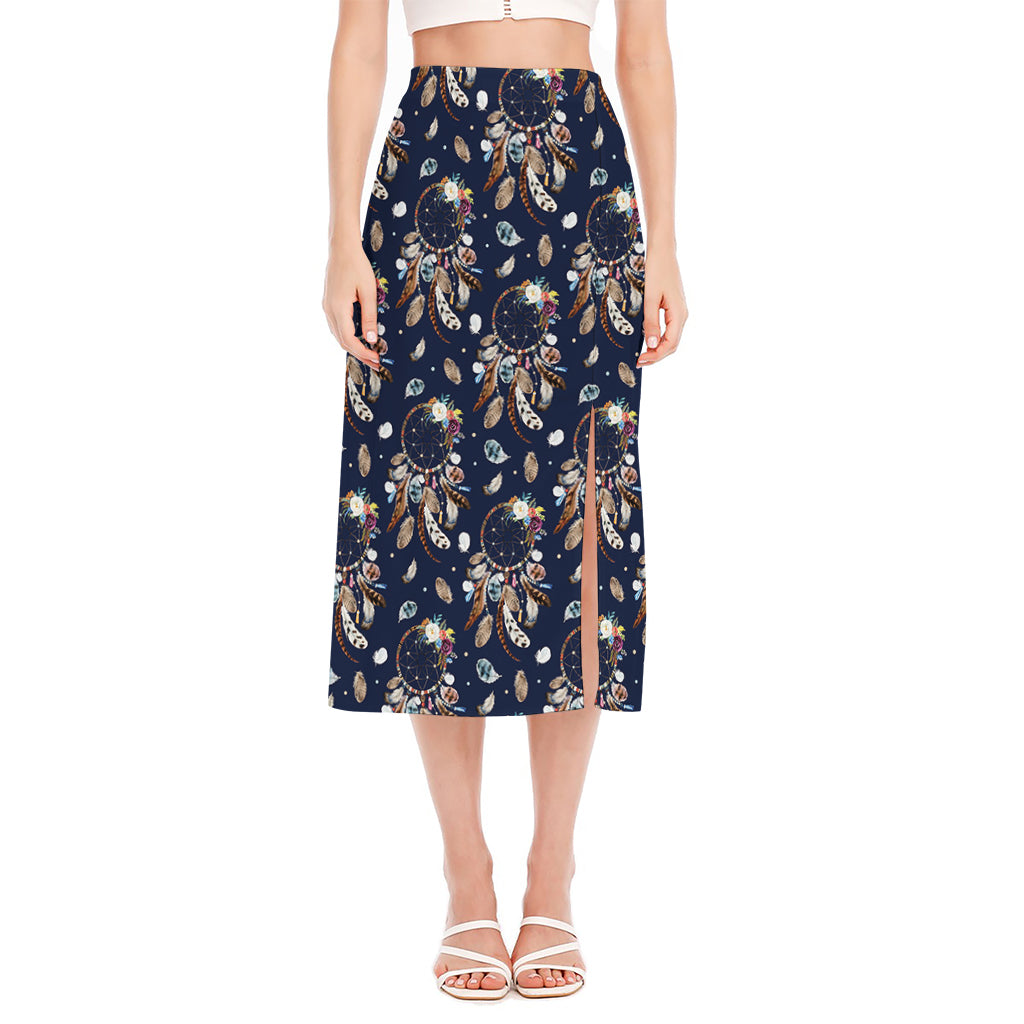 Floral Dream Catcher Pattern Print Side Slit Midi Skirt
