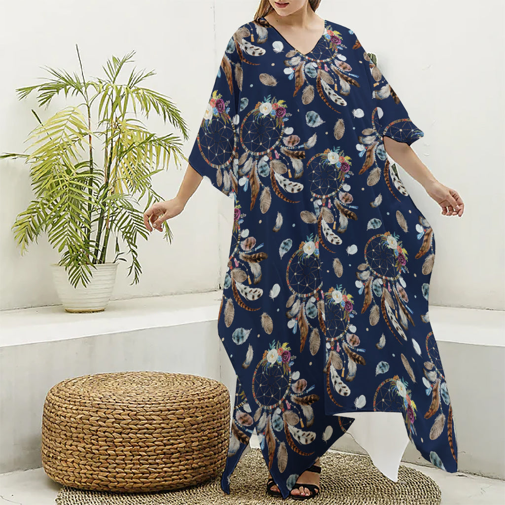 Floral Dream Catcher Pattern Print Silk V-Neck Kaftan Dress