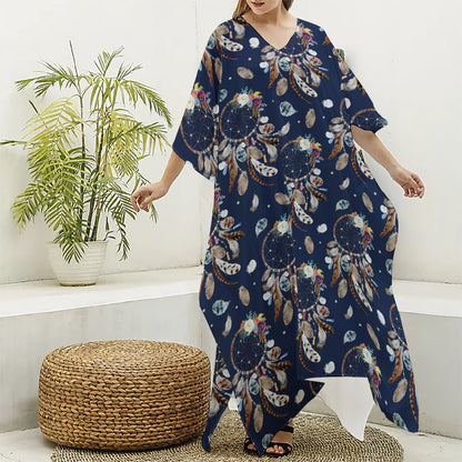 Floral Dream Catcher Pattern Print Silk V-Neck Kaftan Dress