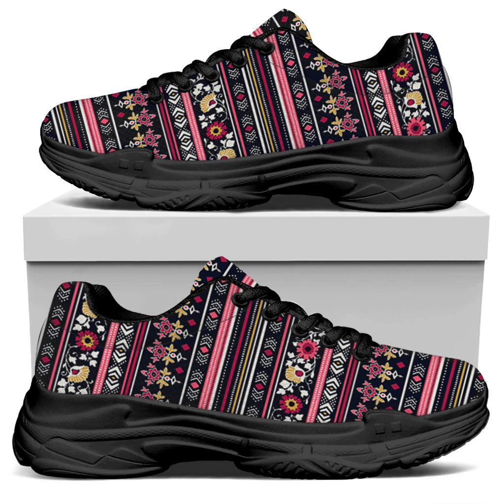 Floral Ethnic Pattern Print Black Chunky Shoes