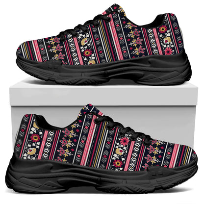 Floral Ethnic Pattern Print Black Chunky Shoes