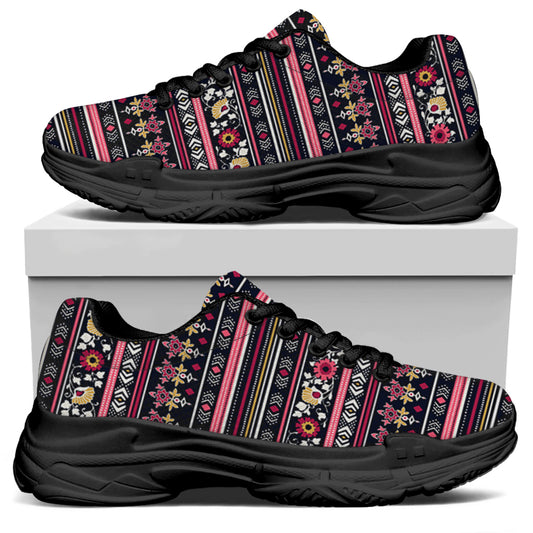 Floral Ethnic Pattern Print Black Chunky Shoes