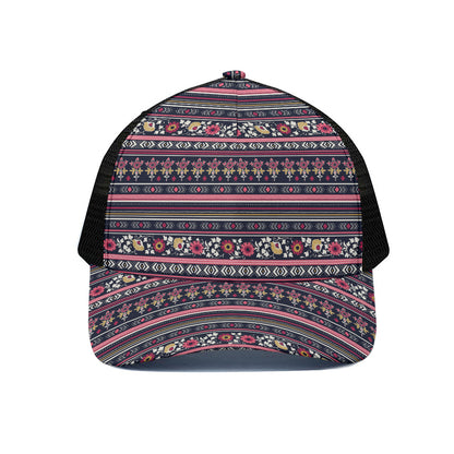 Floral Ethnic Pattern Print Black Mesh Trucker Cap