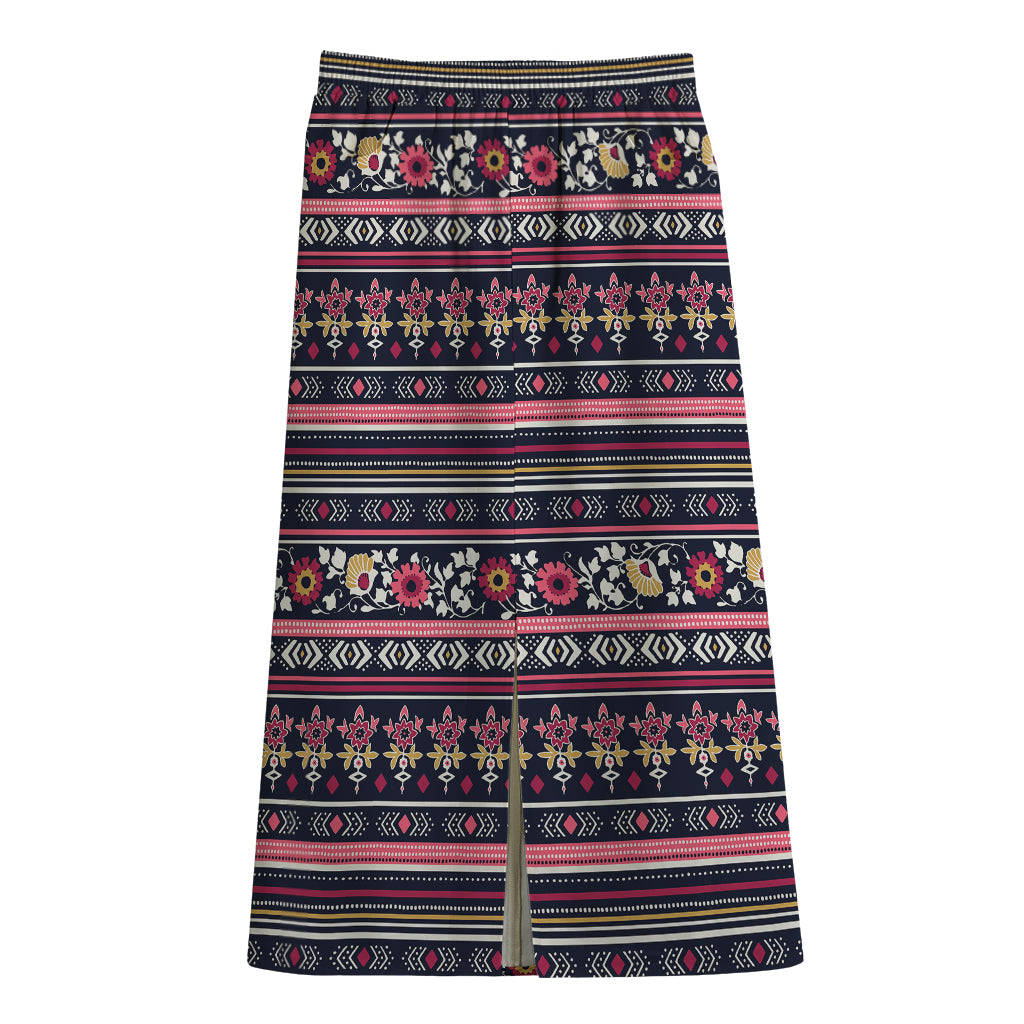Floral Ethnic Pattern Print Cotton Front Slit Maxi Skirt