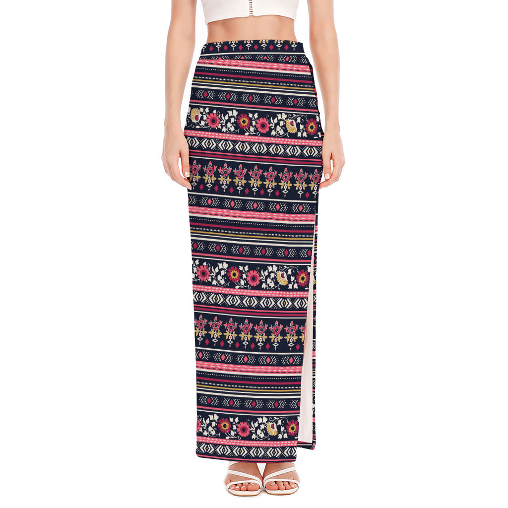 Floral Ethnic Pattern Print High Slit Maxi Skirt