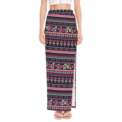 Floral Ethnic Pattern Print High Slit Maxi Skirt