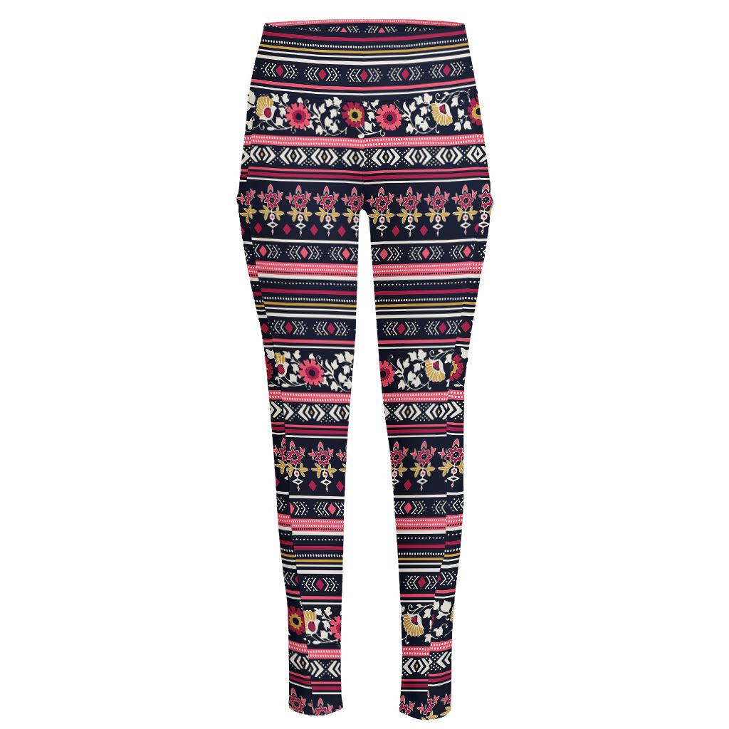 Floral Ethnic Pattern Print High-Waisted Pocket Leggings
