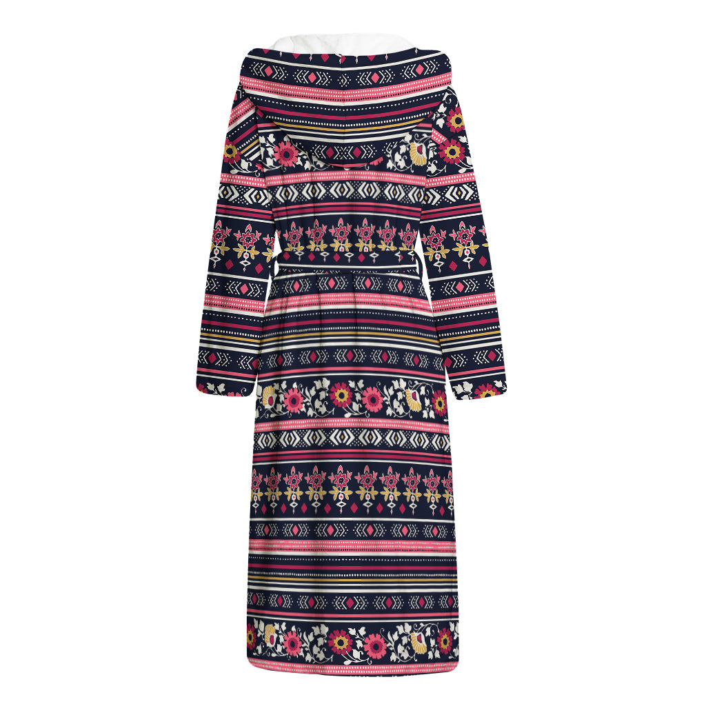 Floral Ethnic Pattern Print Hooded Bathrobe