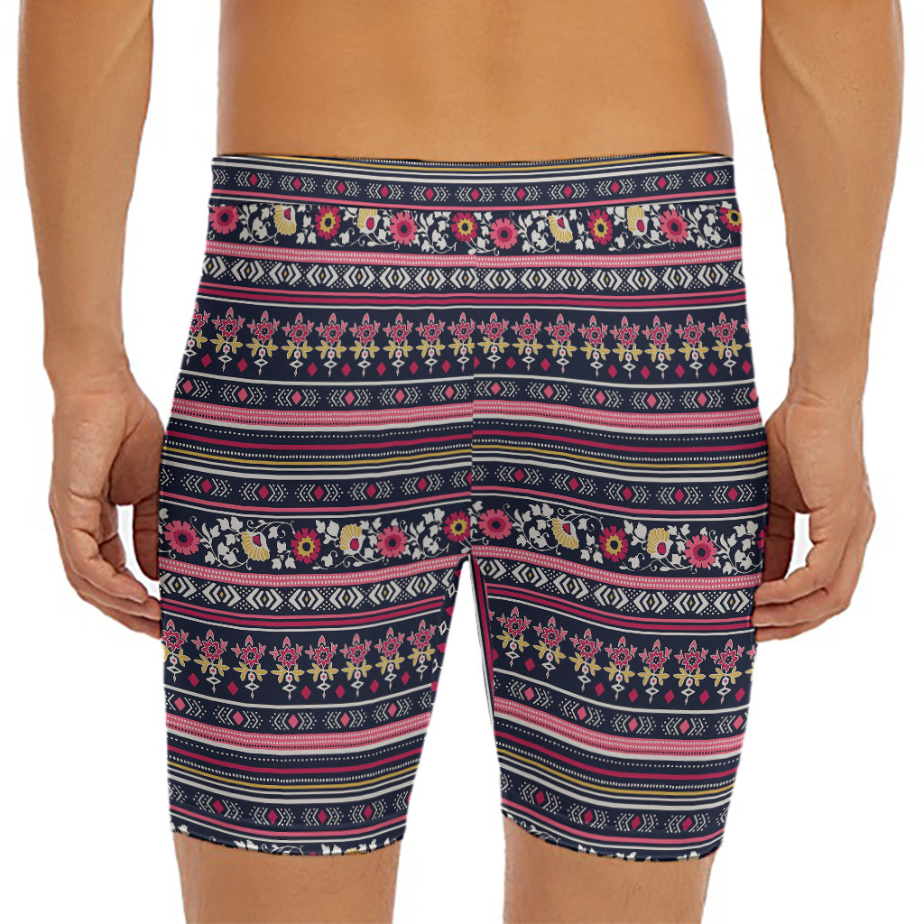 Floral Ethnic Pattern Print Men's Long Boxer Briefs