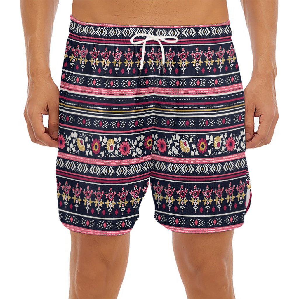 Floral Ethnic Pattern Print Men's Split Running Shorts