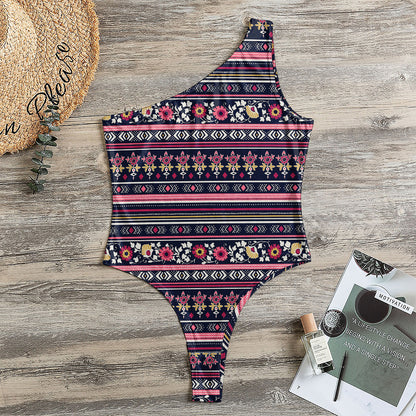 Floral Ethnic Pattern Print One Shoulder Bodysuit