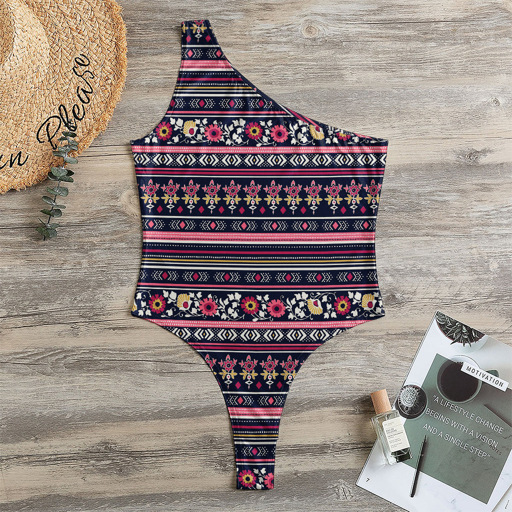 Floral Ethnic Pattern Print One Shoulder Bodysuit