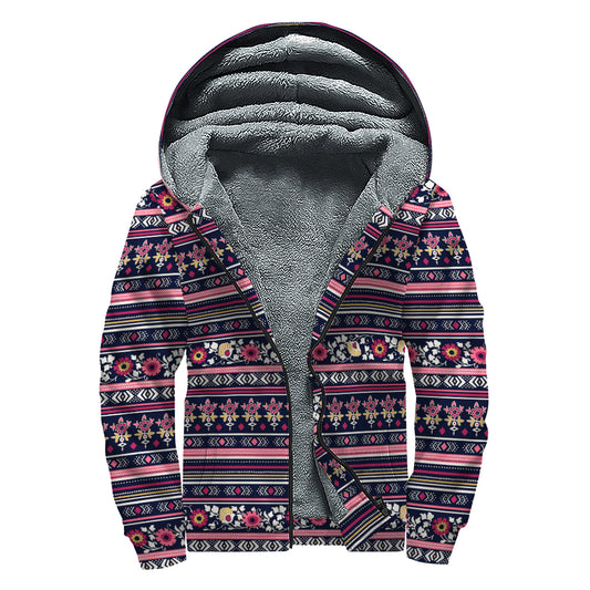 Floral Ethnic Pattern Print Sherpa Lined Zip Up Hoodie