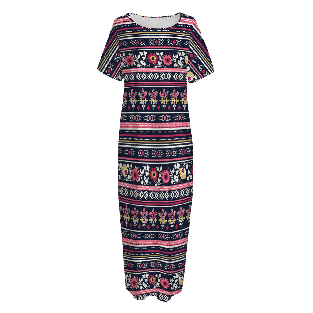 Floral Ethnic Pattern Print Short Sleeve Long Nightdress