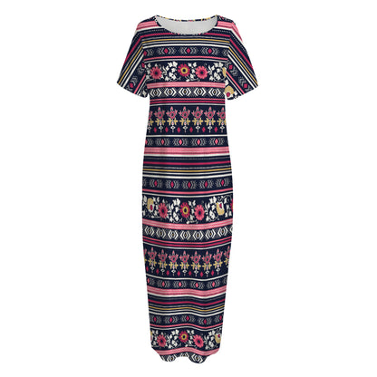 Floral Ethnic Pattern Print Short Sleeve Long Nightdress