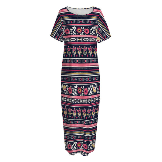 Floral Ethnic Pattern Print Short Sleeve Long Nightdress