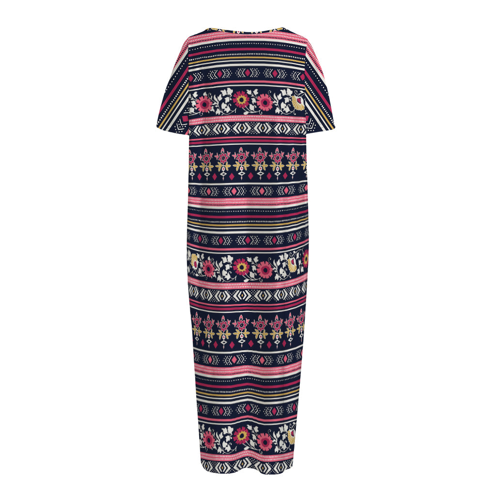 Floral Ethnic Pattern Print Short Sleeve Long Nightdress