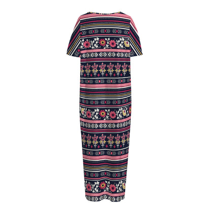 Floral Ethnic Pattern Print Short Sleeve Long Nightdress