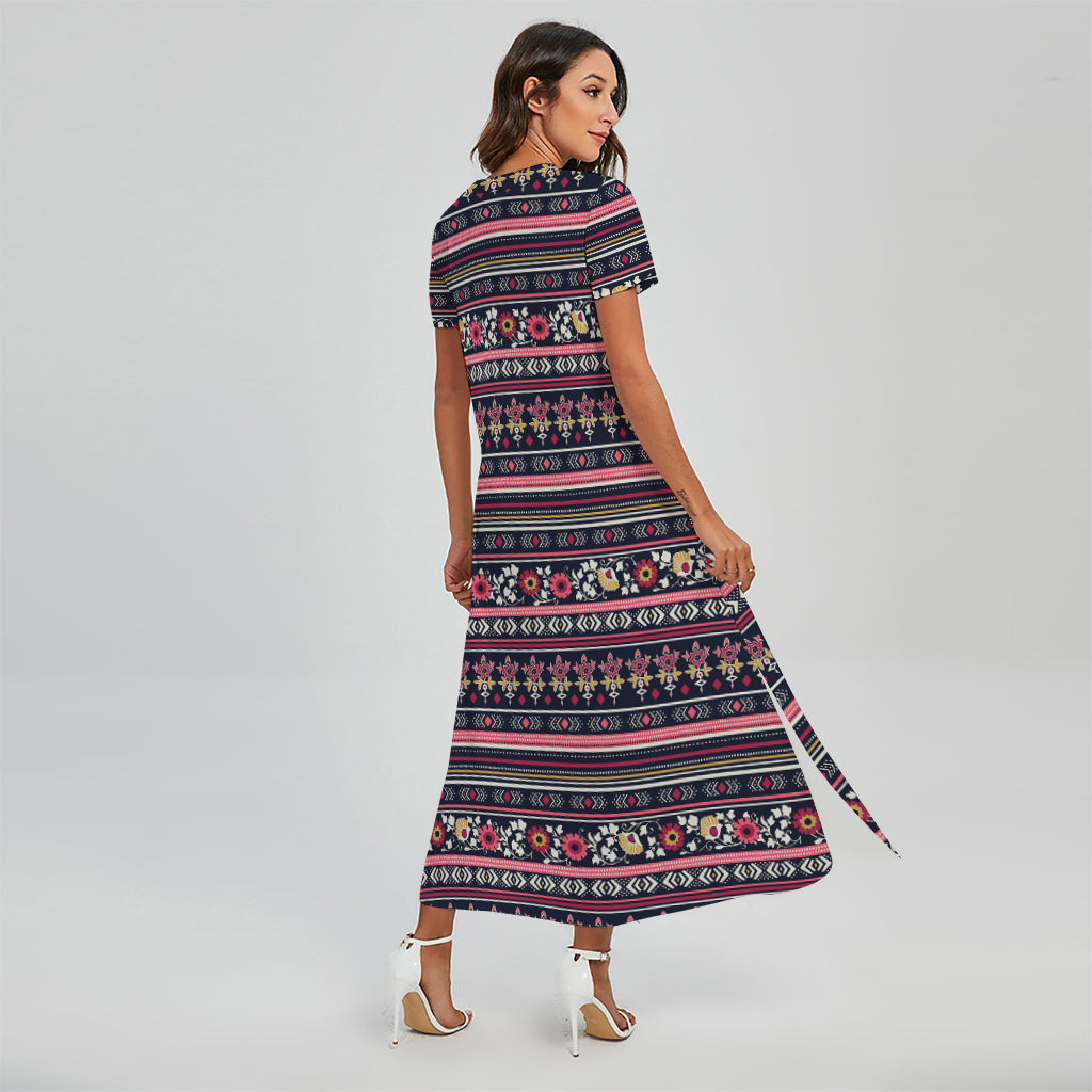 Floral Ethnic Pattern Print Short Sleeve Maxi Dress