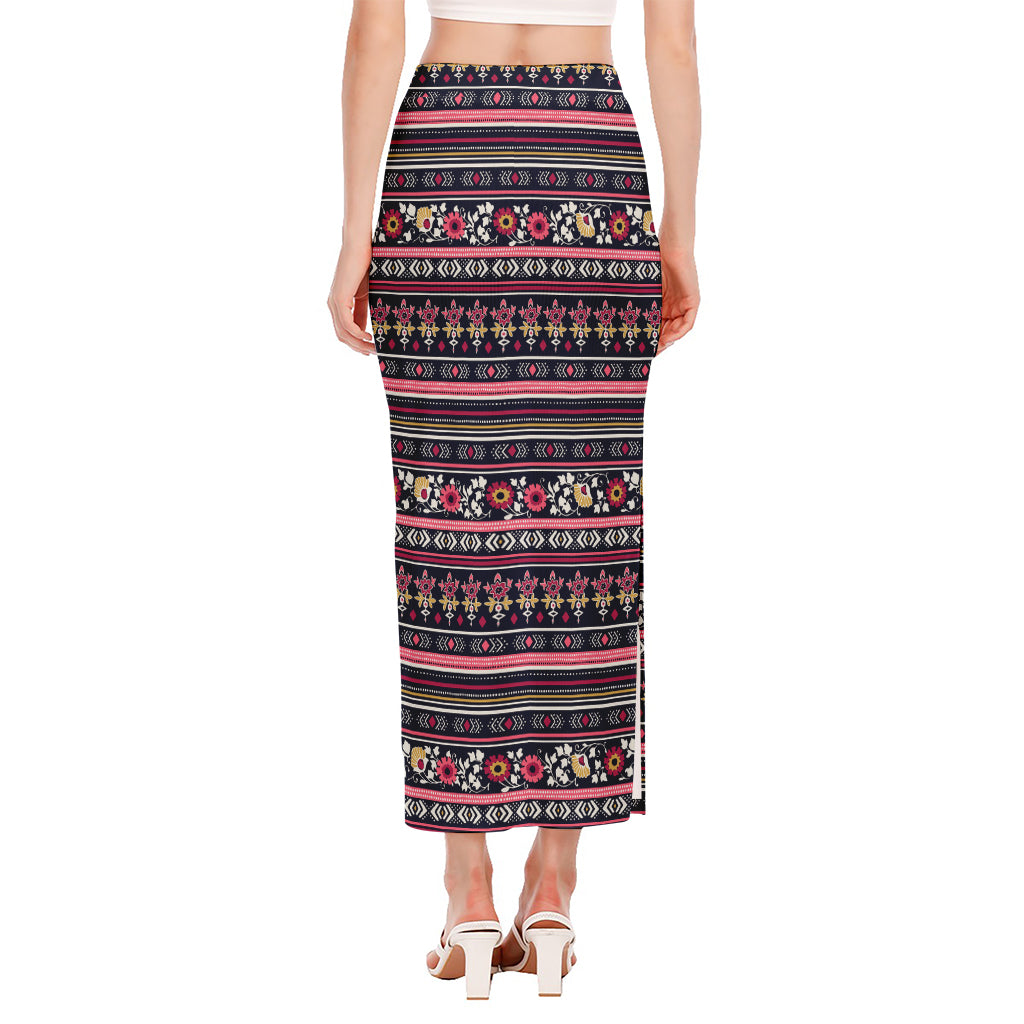 Floral Ethnic Pattern Print Side Slit Maxi Skirt