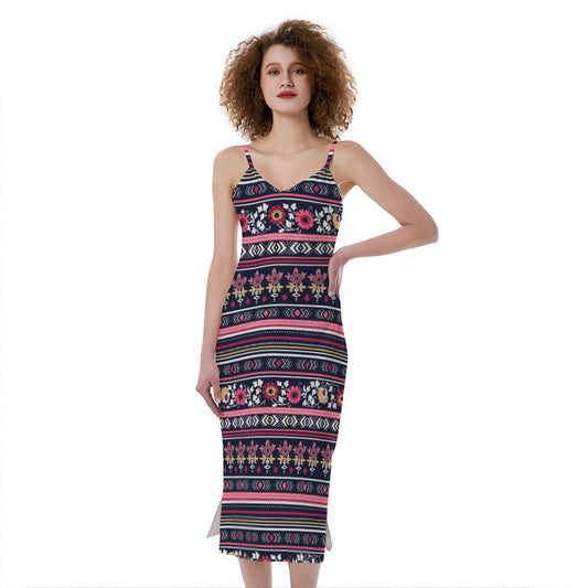 Floral Ethnic Pattern Print Slim Fit Midi Cami Dress