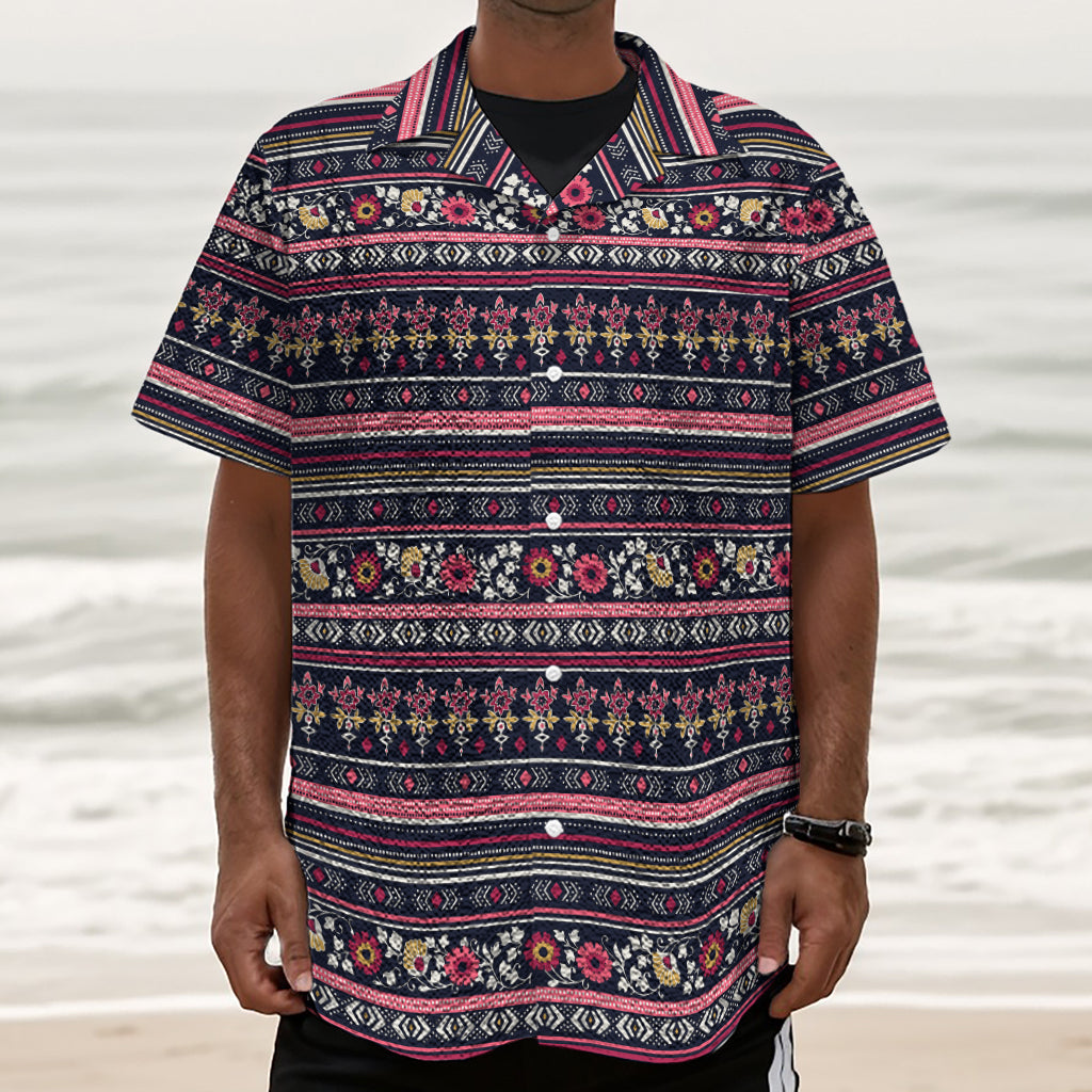 Floral Ethnic Pattern Print Textured Short Sleeve Shirt