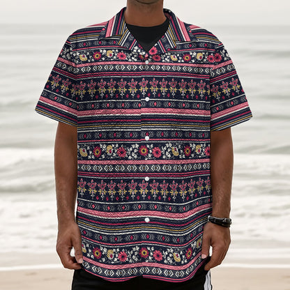 Floral Ethnic Pattern Print Textured Short Sleeve Shirt