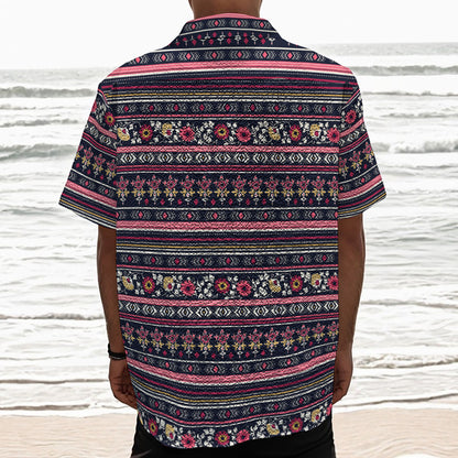 Floral Ethnic Pattern Print Textured Short Sleeve Shirt
