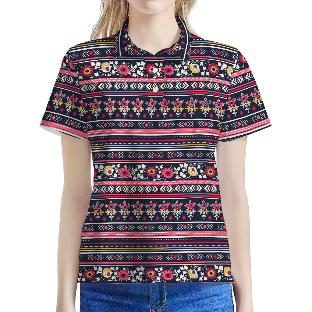 Floral Ethnic Pattern Print Women's Polo Shirt